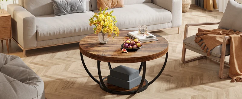 Table basse Marc — bois, style industriel, rangement intégré, 2 niveaux