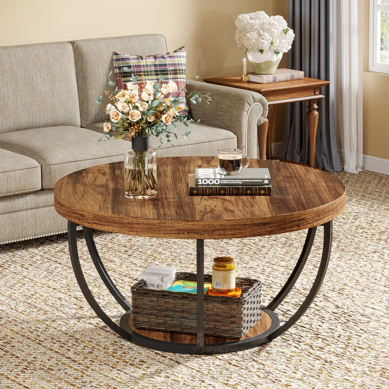 Table basse Marc — bois, style industriel, rangement intégré, 2 niveaux