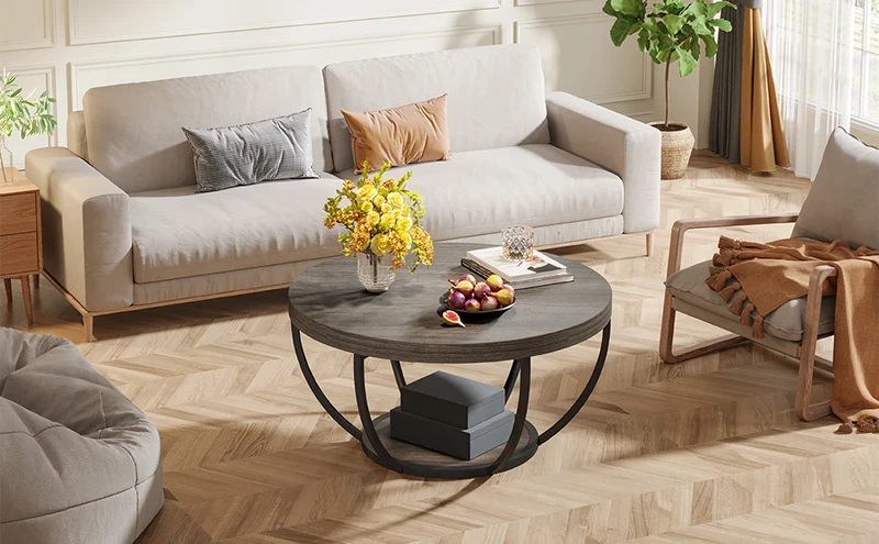 Table basse Marc — bois, style industriel, rangement intégré, 2 niveaux