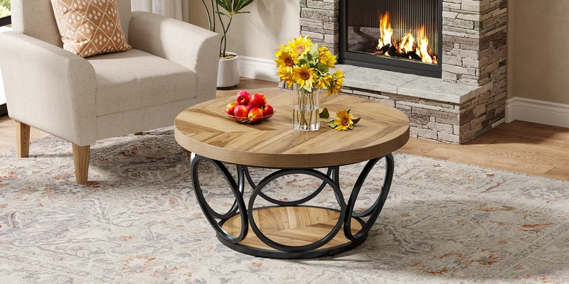 Table basse Marc — bois, style industriel, rangement intégré, 2 niveaux