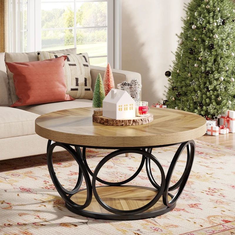 Table basse Marc — bois, style industriel, rangement intégré, 2 niveaux