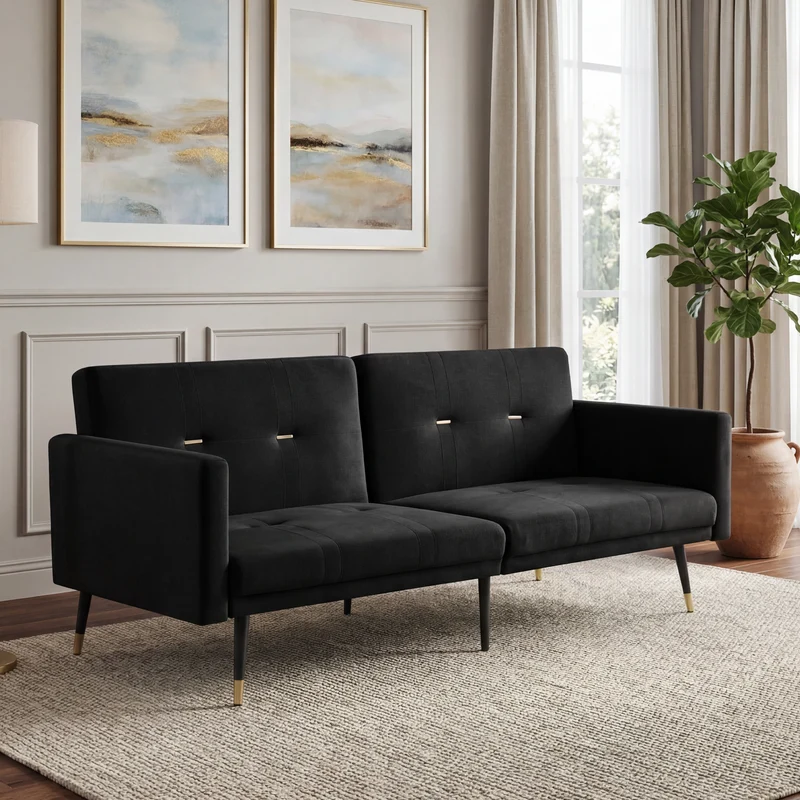 Canapé convertible 2 places en velours noir, dossiers réglables 164cm SCANDINAVIANDRESSER