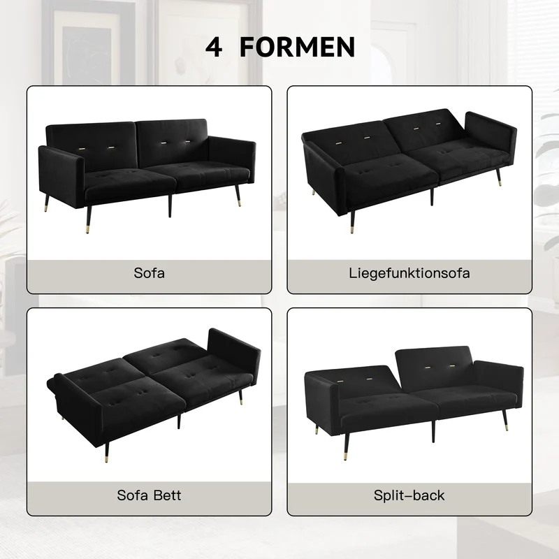 Canapé convertible 2 places en velours noir, dossiers réglables 164cm SCANDINAVIANDRESSER