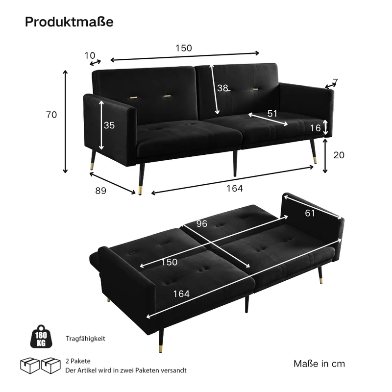 Canapé convertible 2 places en velours noir, dossiers réglables 164cm SCANDINAVIANDRESSER