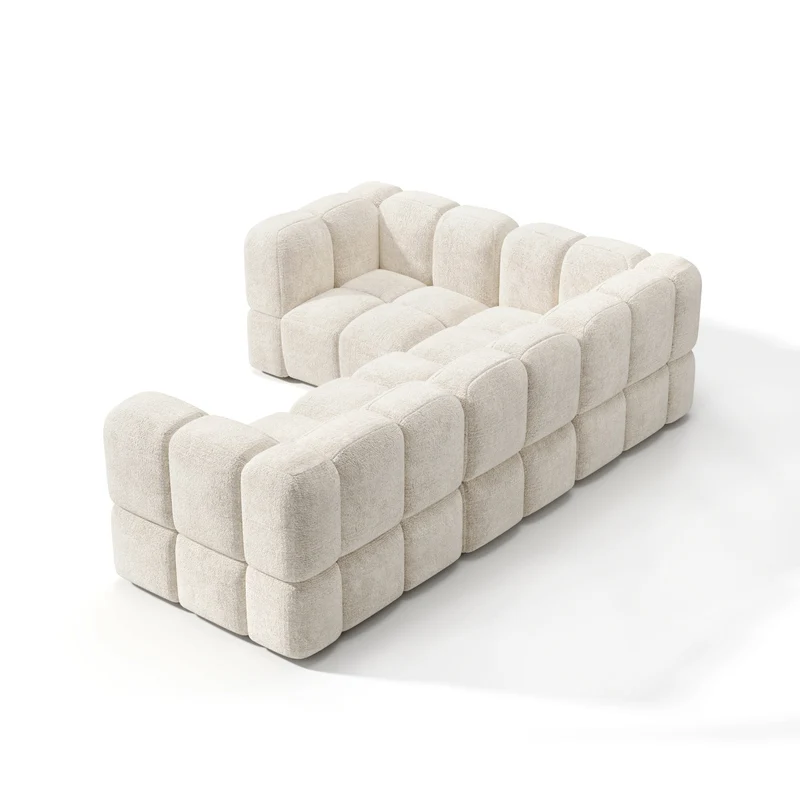 Canapé d'angle gauche modulable 5-6 places NUBI velours texturé crème
