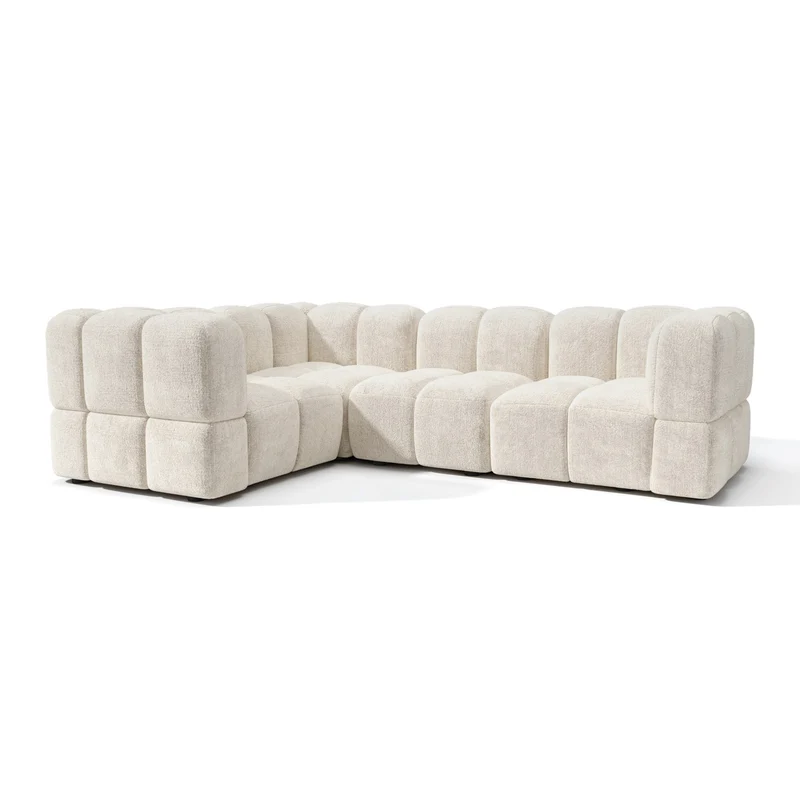 Canapé d'angle gauche modulable 5-6 places NUBI velours texturé crème