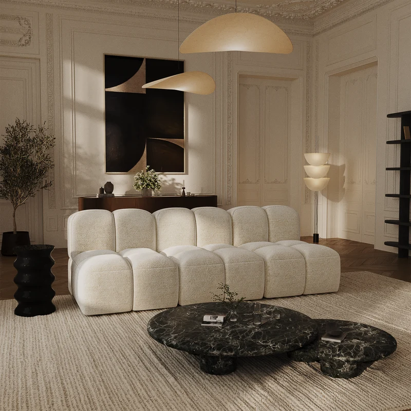 Canapé modulable 4-5 places NUBI velours texturé crème
