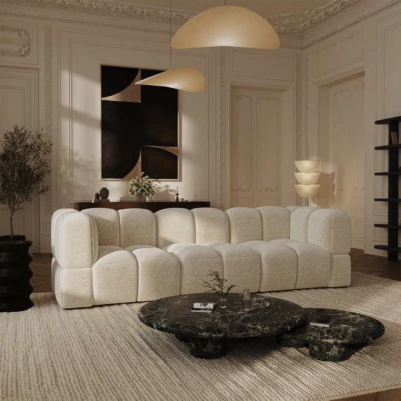 Canapé modulable 4-5 places NUBI velours texturé crème