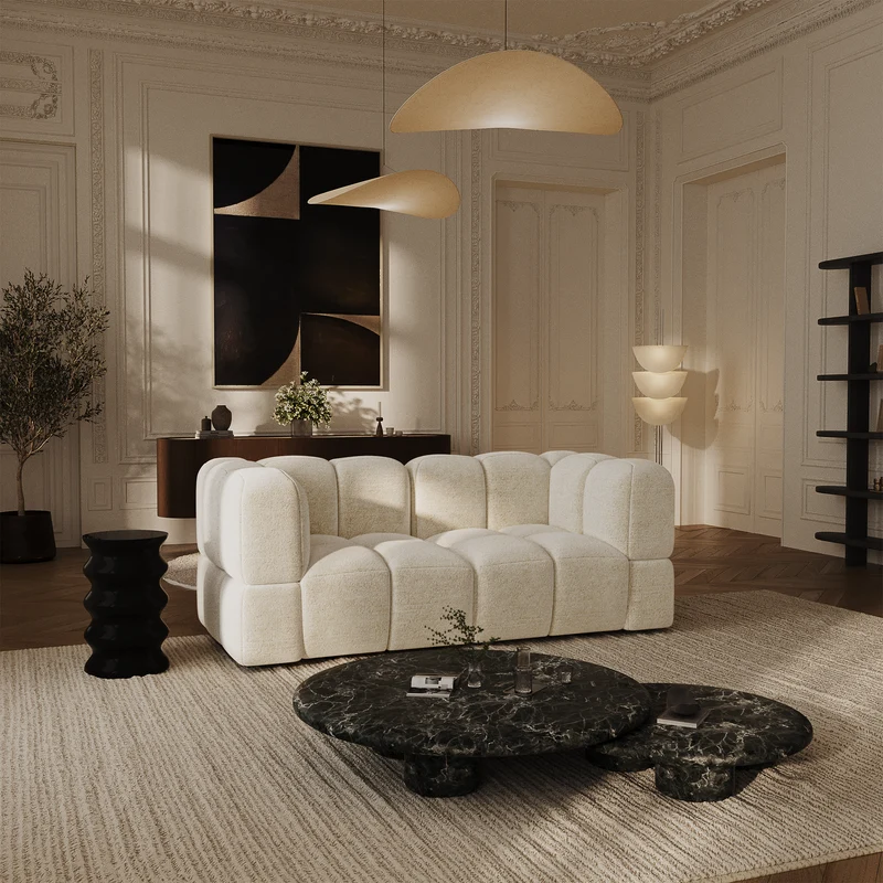 Canapé modulable 3 places NUBI velours texturé crème