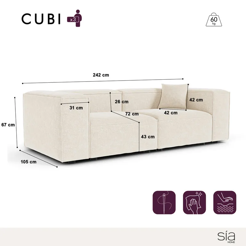Canapé modulable 3 places CUBI velours chenillé crème