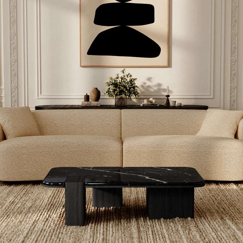 Table basse NERO marbre noir naturel et chêne noir 120cm
