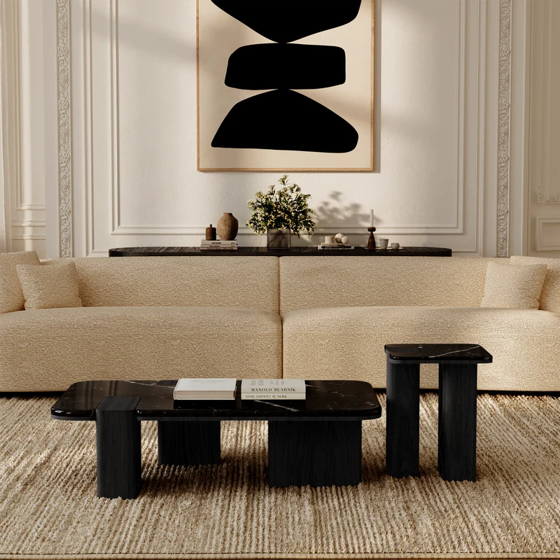 Table basse NERO marbre noir naturel et chêne noir 120cm
