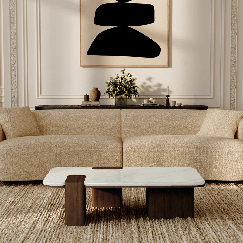 Table basse NERO marbre naturel et bois noyer foncé