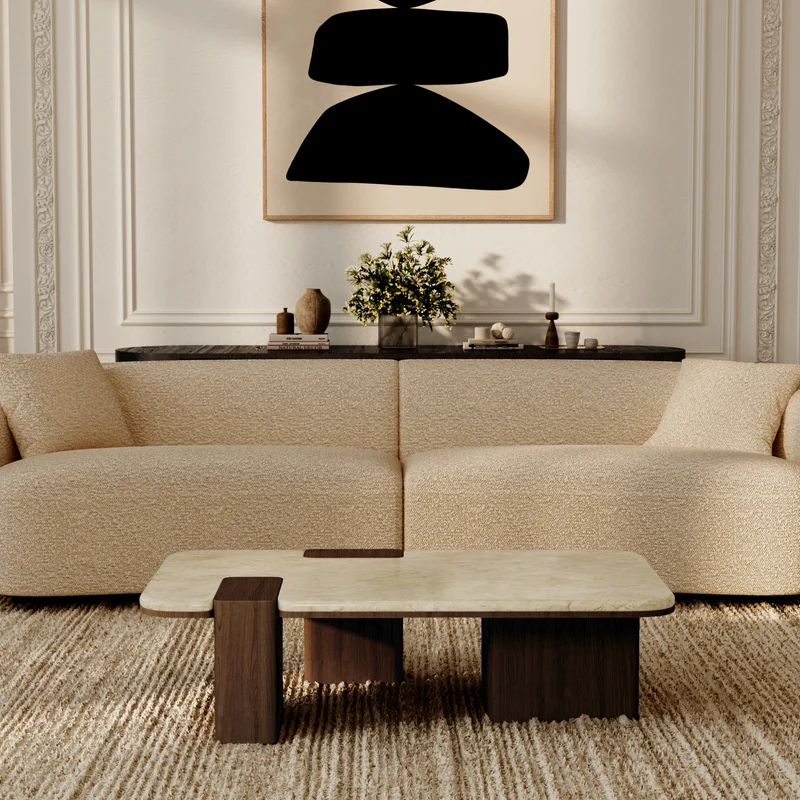 Table basse NERO marbre naturel et bois noyer foncé