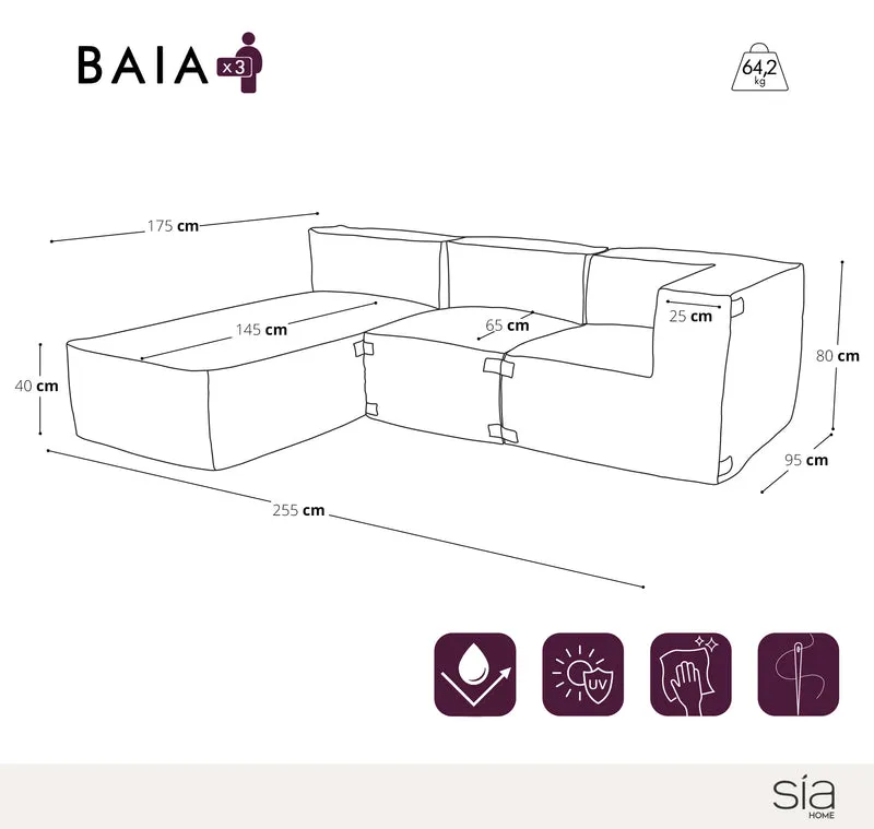Canapé d'extérieur modulable avec méridienne 3 pièces BAIA tissu bouclette beige chiné