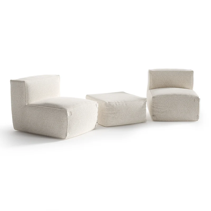 Ensemble d'extérieur 2 fauteuils et pouf BAIA tissu bouclette beige chiné