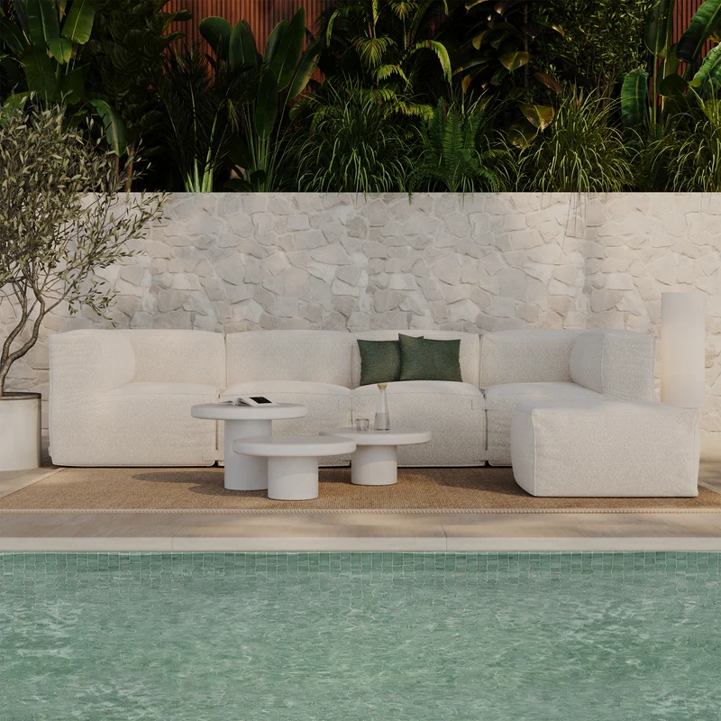 Canapé d'extérieur modulable 4 pièces et pouf BAIA tissu bouclette beige chiné