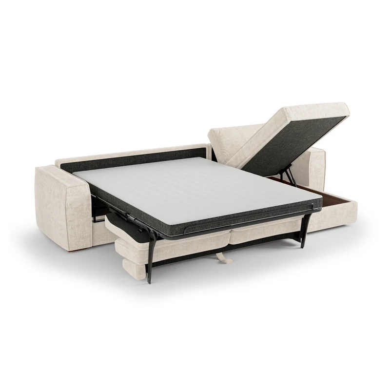 Canapé d'angle droit convertible express matelas Dunlopillo 140cm avec coffre de rangement finition noyer ARTUR Tissu tramé