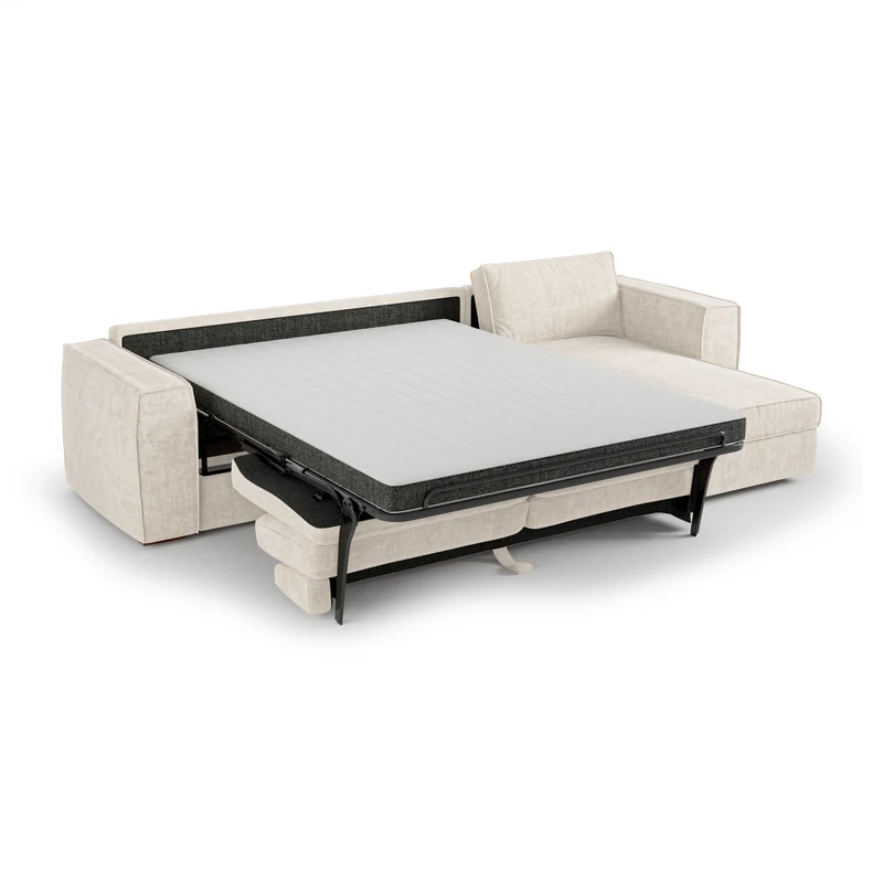 Canapé d'angle droit convertible express matelas Dunlopillo 140cm avec coffre de rangement finition noyer ARTUR Tissu tramé