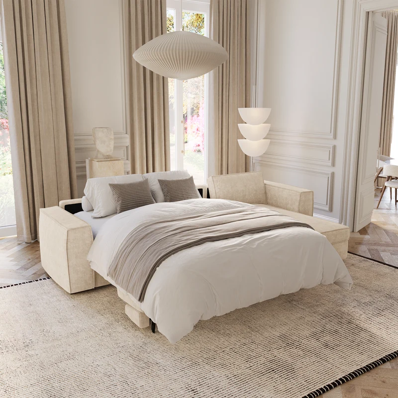 Canapé d'angle droit convertible express matelas Dunlopillo 140cm avec coffre de rangement finition noyer ARTUR Tissu tramé