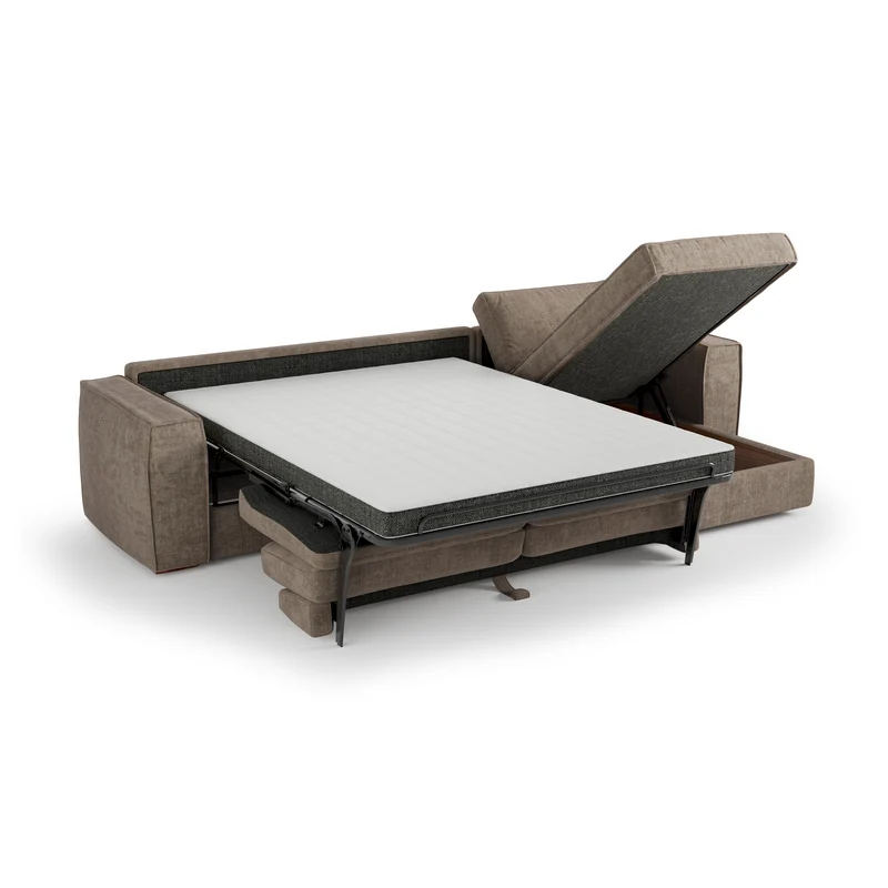 Canapé d'angle droit convertible express matelas Dunlopillo 140cm avec coffre de rangement finition noyer ARTUR Tissu tramé