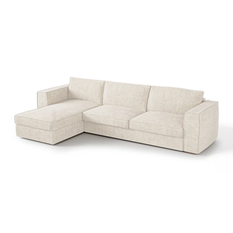 Canapé d'angle gauche convertible express matelas Dunlopillo 140cm avec coffre de rangement finition noyer ARTUR Tissu tramé