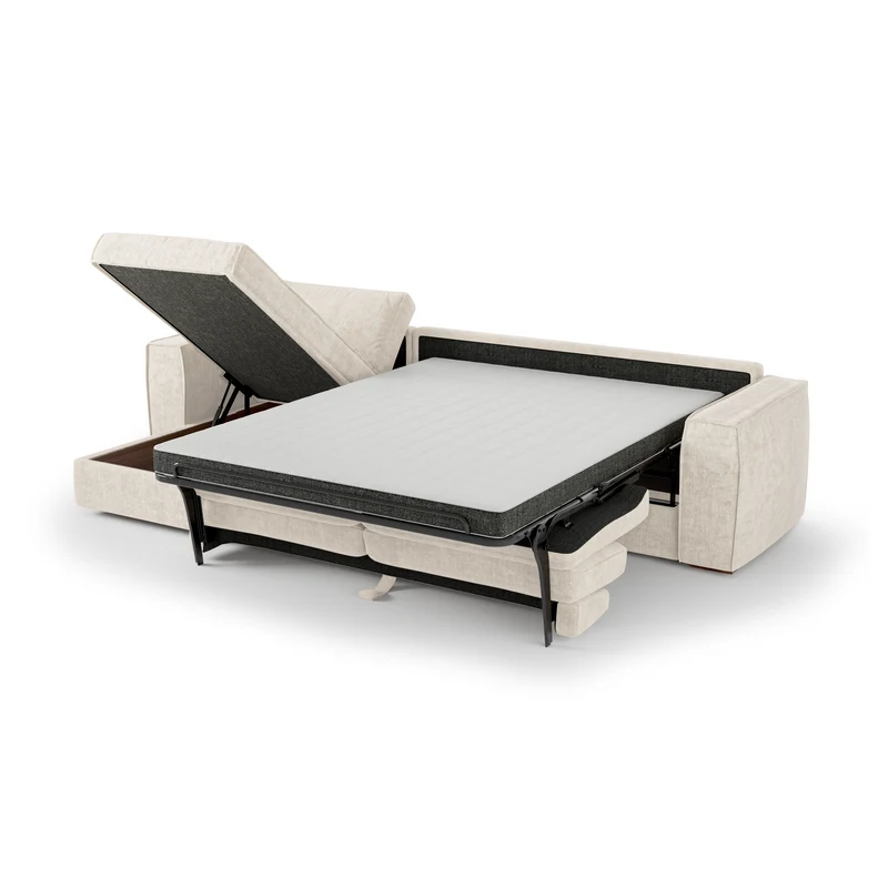 Canapé d'angle gauche convertible express matelas Dunlopillo 140cm avec coffre de rangement finition noyer ARTUR Tissu tramé