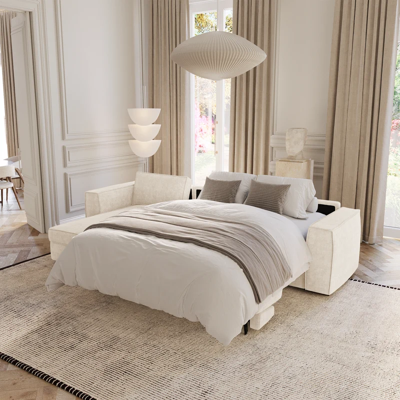 Canapé d'angle gauche convertible express matelas Dunlopillo 140cm avec coffre de rangement finition noyer ARTUR Tissu tramé