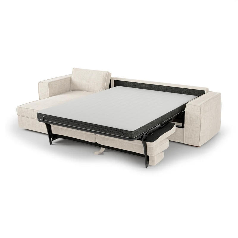 Canapé d'angle gauche convertible express matelas Dunlopillo 140cm avec coffre de rangement finition noyer ARTUR Tissu tramé