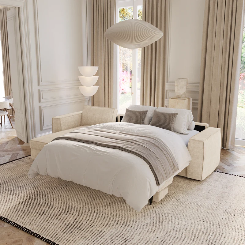 Canapé d'angle gauche convertible express matelas Dunlopillo 140cm avec coffre de rangement finition noyer ARTUR Tissu tramé