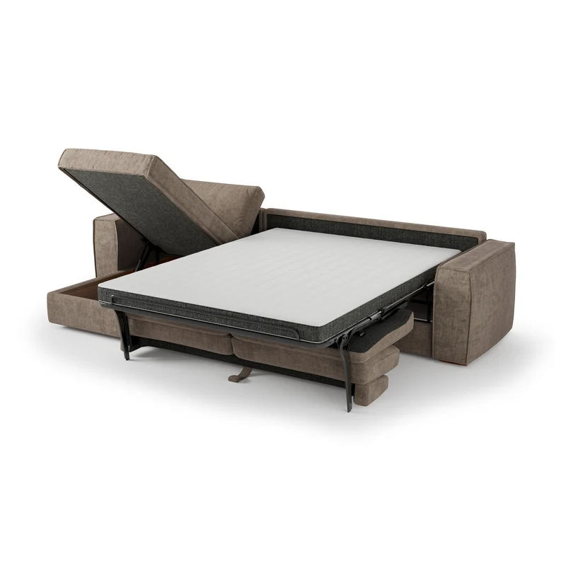 Canapé d'angle gauche convertible express matelas Dunlopillo 140cm avec coffre de rangement finition noyer ARTUR Tissu tramé