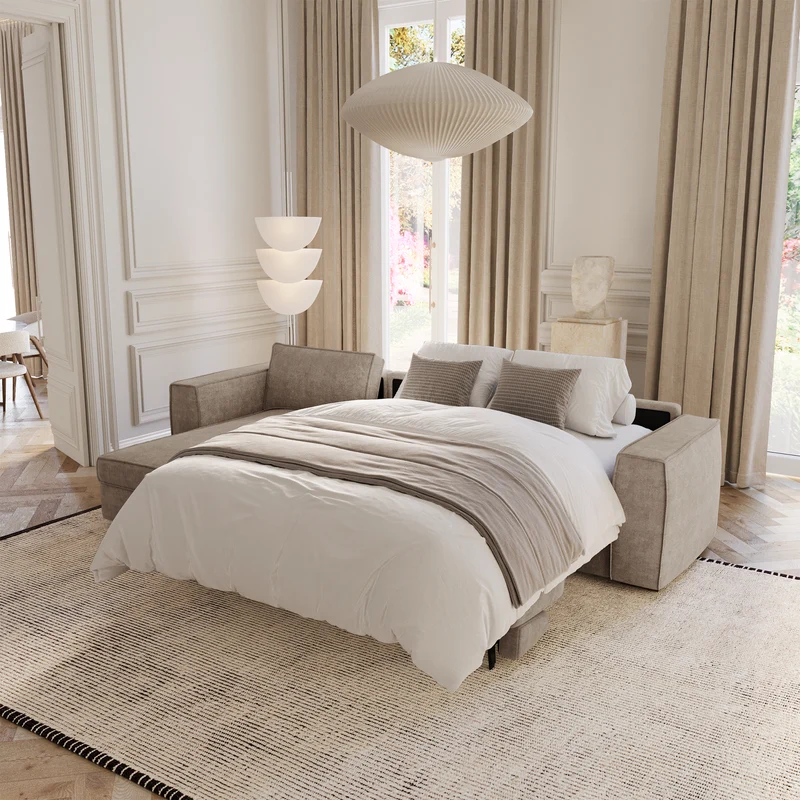 Canapé d'angle gauche convertible express matelas Dunlopillo 140cm avec coffre de rangement finition noyer ARTUR Tissu tramé