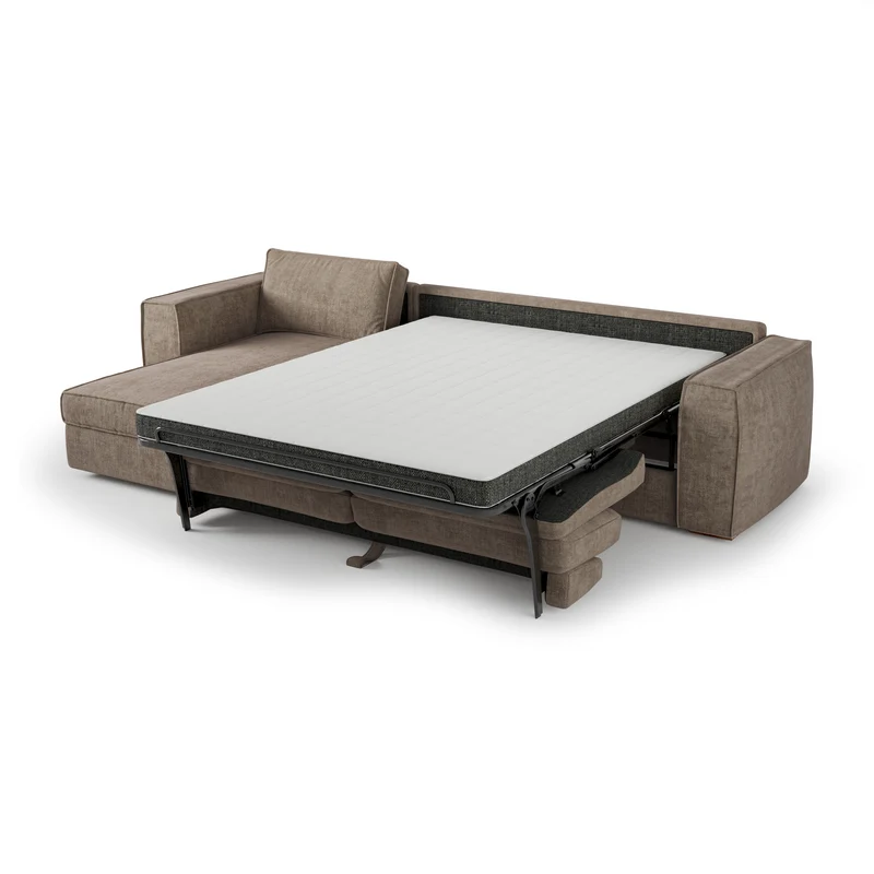 Canapé d'angle gauche convertible express matelas Dunlopillo 140cm avec coffre de rangement finition noyer ARTUR Tissu tramé