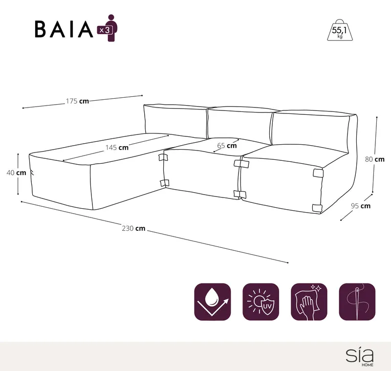Canapé d'extérieur modulable avec méridienne 3 pièces BAIA tissu bouclette beige chiné