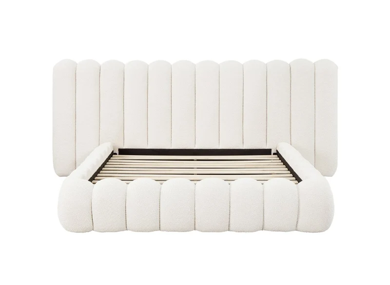 Lit double en tissu bouclette beige 160x200 cm GRETA