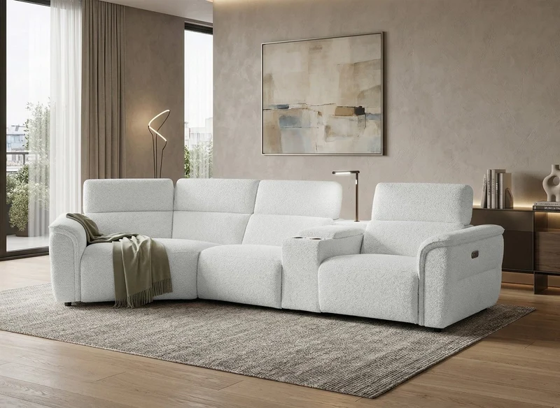 Canapé d'angle relax en tissu bouclette doux beige MARINA - Angle gauche
