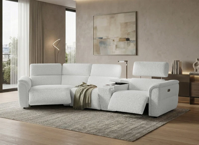 Canapé d'angle relax en tissu bouclette doux beige MARINA - Angle gauche