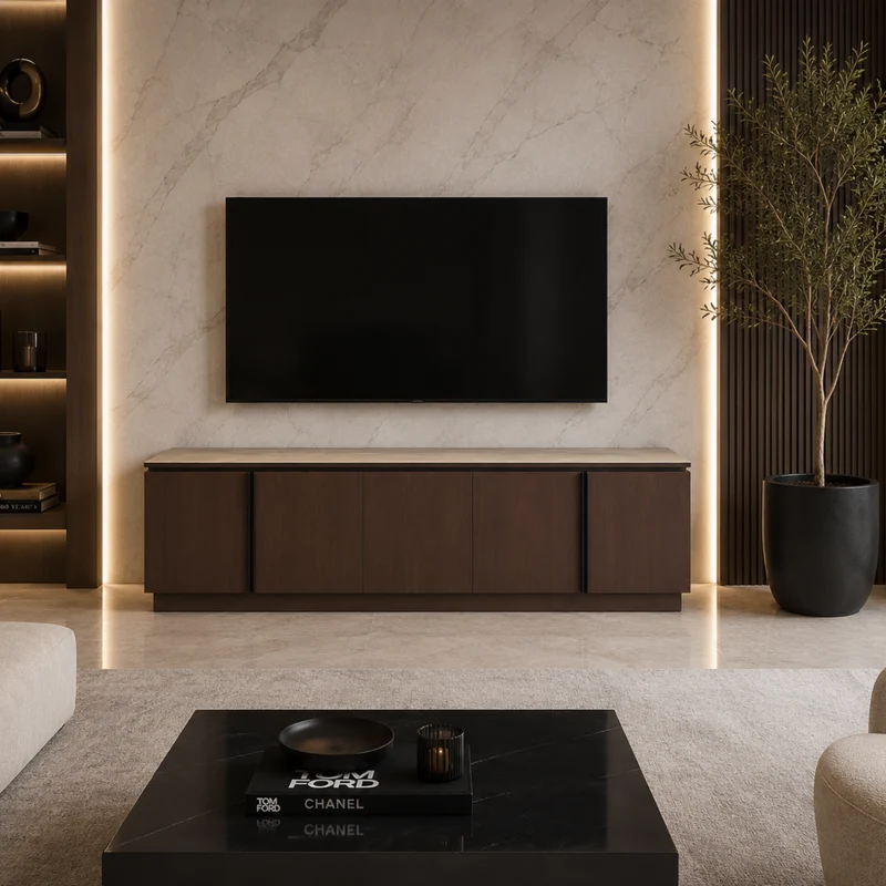 Meuble TV - 200x40x60cm - Effet noyer et travertin mat - Baieta