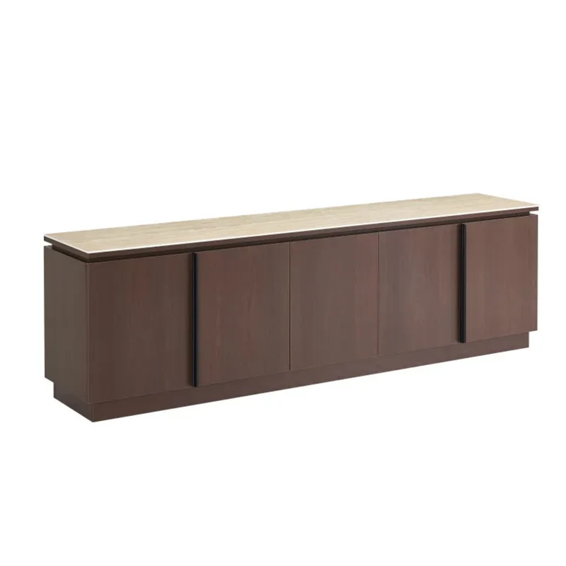 Meuble TV - 200x40x60cm - Effet noyer et travertin mat - Baieta