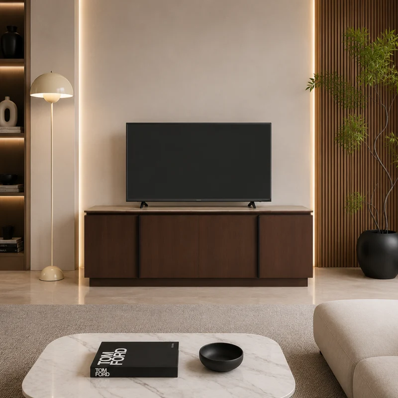 Meuble TV - 160x40x60cm - Effet noyer et travertin mat - Baieta