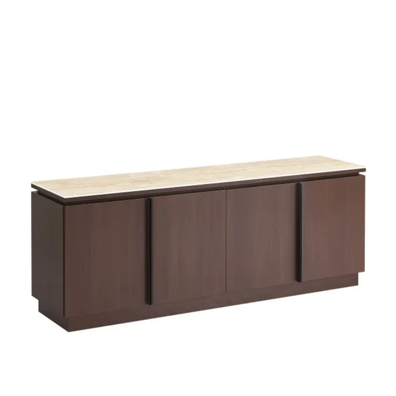 Meuble TV - 160x40x60cm - Effet noyer et travertin mat - Baieta