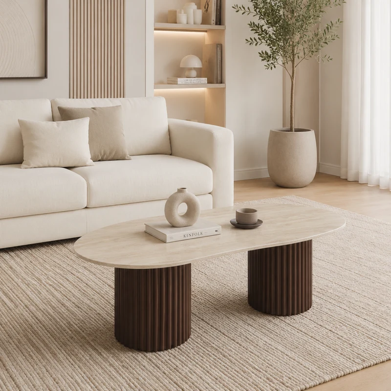 Table basse - Effet plateaux travertin Mat ou Brillant - Pied effet noyer - Keysha