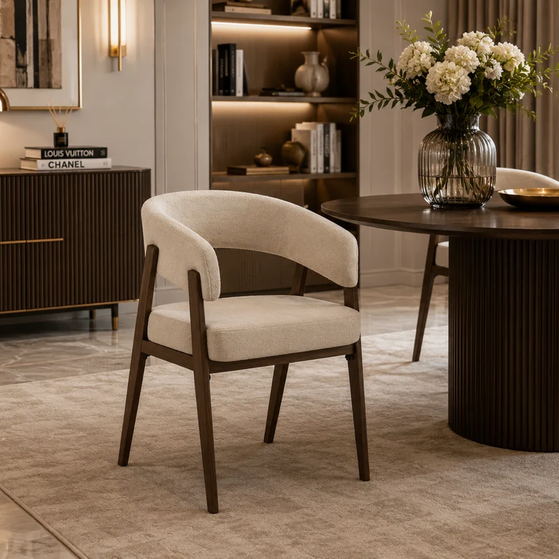 Chaise salle à manger - Velours Beige / Grain Moka – Pied effet noyer – Lots de 2/4/6 – Alicia