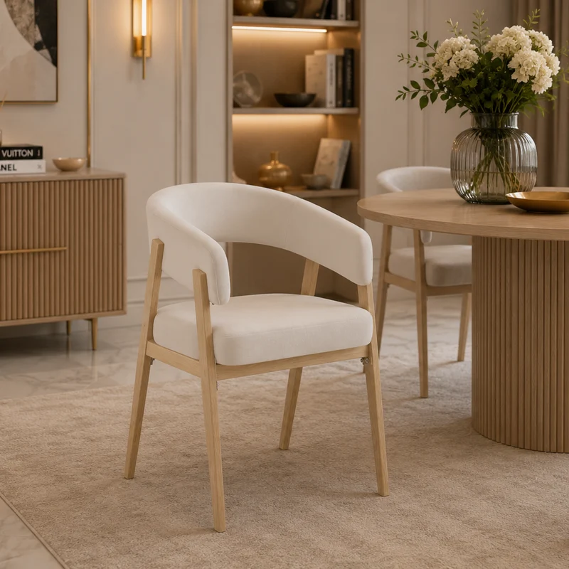 Chaise salle à manger - Velours Beige / Grain Moka – Pied effet chêne – Lots de 2/4/6 – Alicia