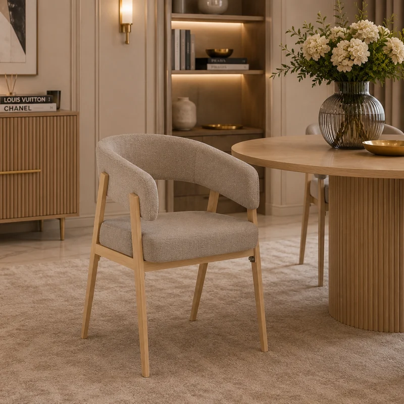 Chaise salle à manger - Velours Beige / Grain Moka – Pied effet chêne – Lots de 2/4/6 – Alicia