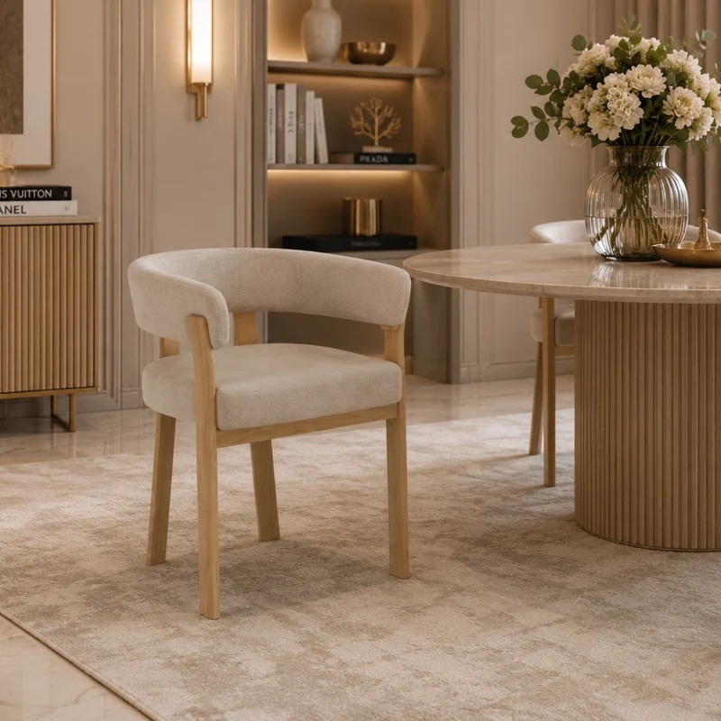 Chaise salle à manger Velours Beige / Grain Moka – Pied effet chêne – Lots de 2/4/6 – Alia