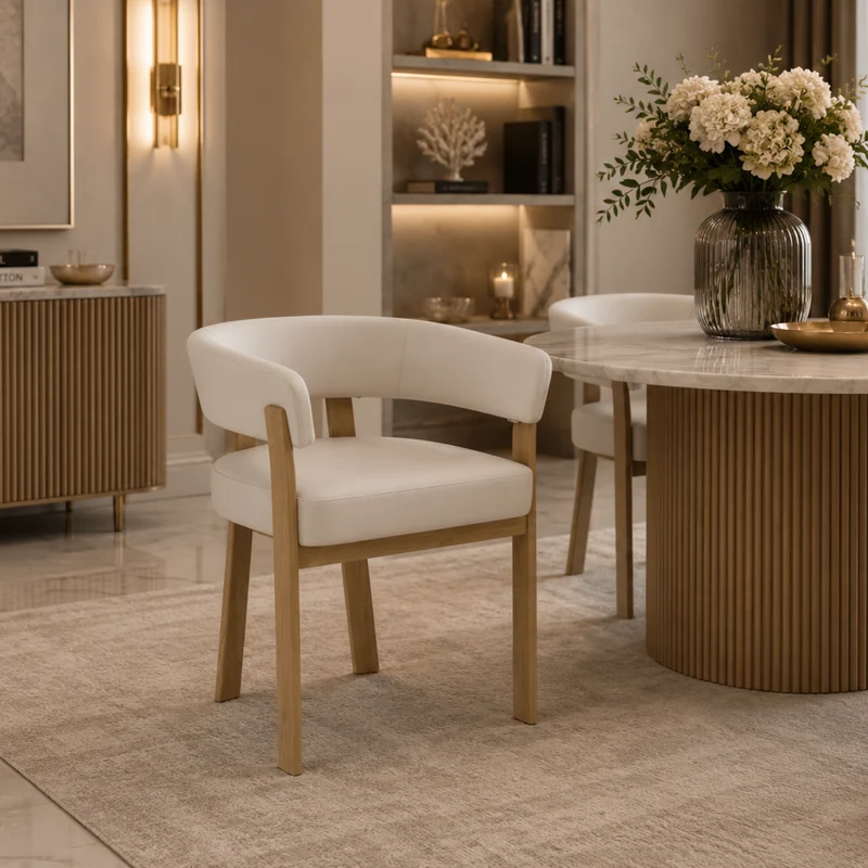 Chaise salle à manger Velours Beige / Grain Moka – Pied effet chêne – Lots de 2/4/6 – Alia