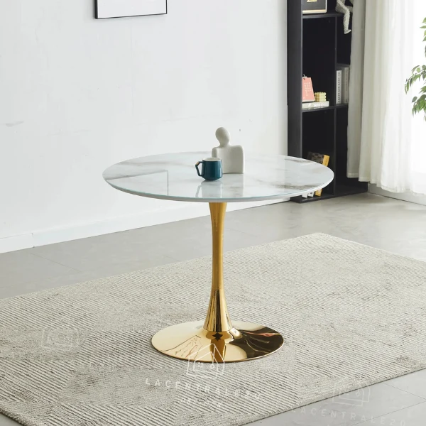 Table à manger - Plateau verre trempé marbre - Ronde - Rosa