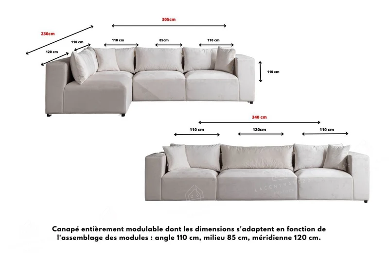 Canapé d'angle Modulable – Tissu chenille ou velours - Zara