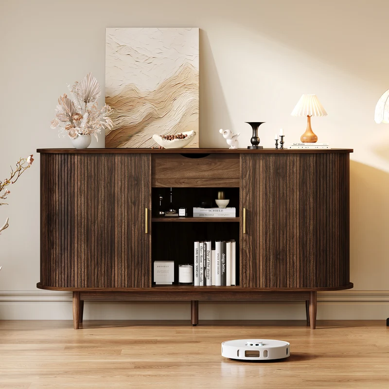 Buffet effet noyer à portes à latte et coulissantes, style vintage 140 cm RUSTICTHROW